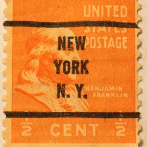 Rare 803 Benjamin Franklin orange one-half cent 1938 US stamp with New York, NY cancel.