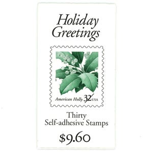 May include: A sheet of thirty self-adhesive stamps with the text "Holiday Greetings." Each stamp features a green American Holly sprig with white berries. The stamps are labeled "American Holly 32 USA."