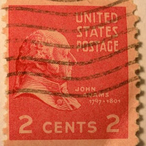 John Adams rose carmine 2c used 1938 US stamp. 11 perf, #806, not centered