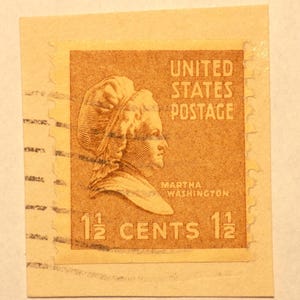 Martha Washington brown 1 1/2c 1938 used US stamp, 11 perf, #805, not centered