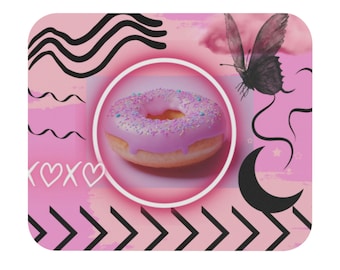 Pink und Schwarzes Fantasy Mauspad | Rechteck Pink Donut Mauspad | Pink und Schwarz Aesthetic | Pinkes Lofi Mauspad | Verträumtes rosa Mauspad