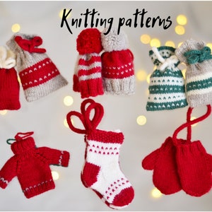 Mini Christmas decorations knitting pattern set: bags, stockings, hats, sweater, mittens