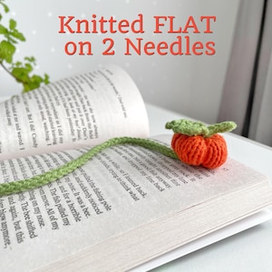 Pompoen bladwijzer breipatroon pdf, plat gebreid herfstcadeau, gunsten Halloween, leuk boekaccessoire-tutorial, 2 rechte naalden DIY