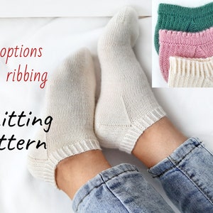 May include: Three pairs of knitted socks in different colors, green, pink, and white, with different ribbing patterns. The text "3 options for ribbing Knitting pattern" is visible in the image.