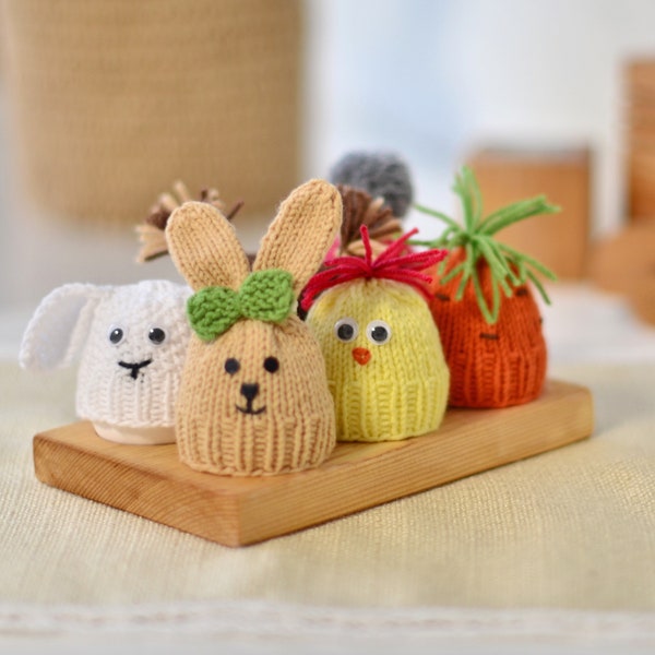 KNITTING PATTERN Easter egg warmers: Carrot, Chick, Bunny, Owl, Lamb and basic egg warmer pom-pom hat