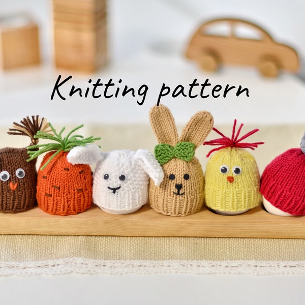 Easter egg warmers KNITTING PATTERN: Carrot, Chick, Bunny, Owl, Lamb and basic egg warmer pom-pom hat