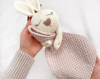 Bunny comforter KNITTING PATTERN on two straight knitting needles, knitted toy for baby