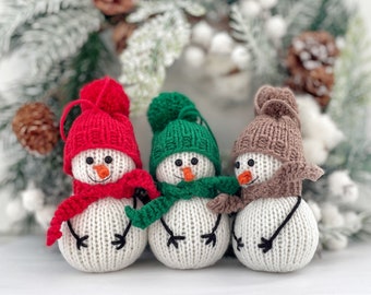 Snowman knitting pattern on two straight knitting needles for Christmas tree decor