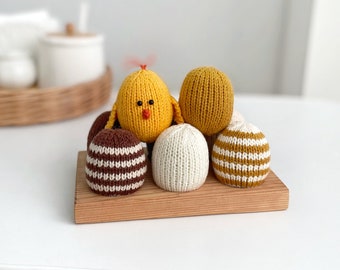 Easter eggs KNITTING PATTERN on two straight needles for Easter decor, single-colored egg, stripy eggs and chick egg