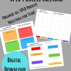 May include: A printable calendar for organizing special education meetings throughout the year. The calendar includes sections for IEP due dates, eligibility due dates, re-evaluation meetings, and transition meetings. The calendar is available as a digital download.