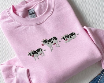Geborduurd koe sweatshirt, koe trui, schattig koe sweatshirt, geborduurd sweatshirt, koe shirt, schattige dieren trui, boerderij dieren shirt, koe