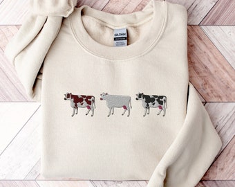 Geborduurd koe sweatshirt, koe trui, schattig koe sweatshirt, geborduurd sweatshirt, koe shirt, schattige dieren trui, boerderij dieren shirt, koe