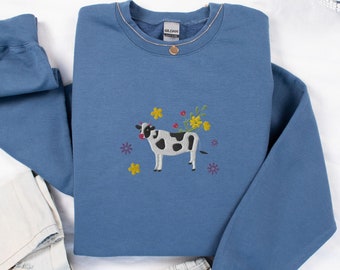 Geborduurd koe sweatshirt, koe trui, schattig koe sweatshirt, geborduurd sweatshirt, koe shirt, schattige dieren trui, boerderij dieren shirt, koe