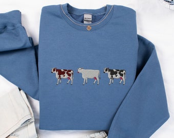 Geborduurd koe sweatshirt, koe trui, schattig koe sweatshirt, geborduurd sweatshirt, koe shirt, schattige dieren trui, boerderij dieren shirt, koe