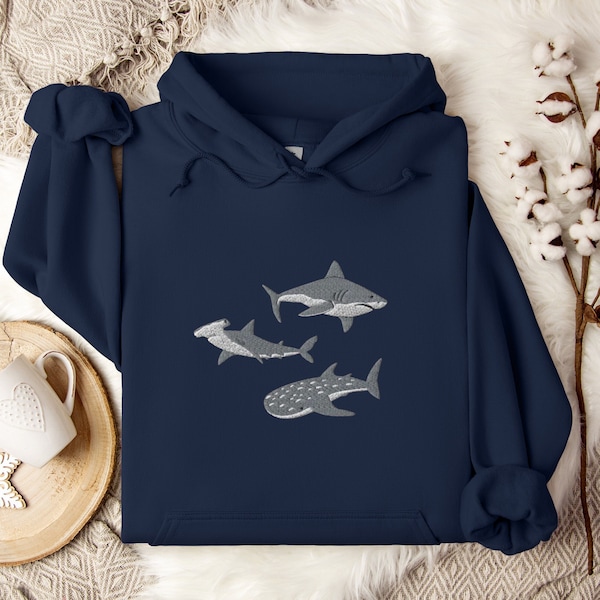 Embroidered Shark Hoodie, Shark Sweatshirt, Shark Sweater, Shark Gift, Whale Shark Sweatshirt, Hammerhead Sweatshirt, Bull Shark Sweater