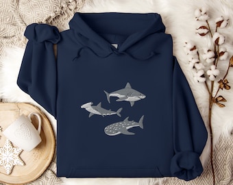 Embroidered Shark Hoodie, Shark Sweatshirt, Shark Sweater, Shark Gift, Whale Shark Sweatshirt, Hammerhead Sweatshirt, Bull Shark Sweater