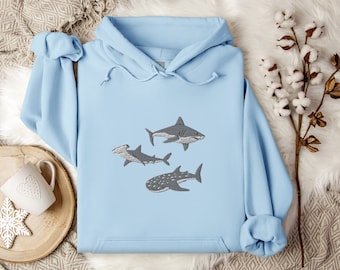 Sudadera con capucha de tiburón bordada, sudadera de tiburón, suéter de tiburón, regalo de tiburón, sudadera de tiburón ballena, sudadera martillo, suéter de tiburón toro
