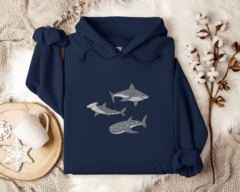 Embroidered Shark Hoodie, Shark Sweatshirt, Shark Sweater, Shark Gift, Whale Shark Sweatshirt, Hammerhead Sweatshirt, Bull Shark Sweater