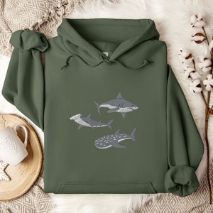 Embroidered Shark Hoodie, Shark Sweatshirt, Shark Sweater, Shark Gift, Whale Shark Sweatshirt, Hammerhead Sweatshirt, Bull Shark Sweater