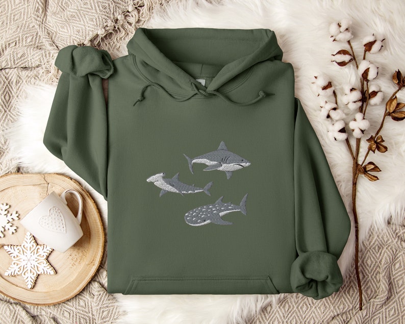 Embroidered Shark Hoodie, Shark Sweatshirt, Shark Sweater, Shark Gift, Whale Shark Sweatshirt, Hammerhead Sweatshirt, Bull Shark Sweater