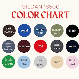 K&ouml;nnte beinhalten: Farbkarte f&uuml;r Gildan 18500 T-Shirts, die 12 verschiedene Farben zeigt: Dunkelbraun, K&ouml;nigsblau, Indigoblau, Milit&auml;rgr&uuml;n, Schwarz, Dunkelblau mit Sport-Melange, Weinrot, Rot, Dunkelgrau mit Melange, Marineblau, Irischgr&uuml;n, Hellblau, Sportgrau, Sand und Hellrosa.