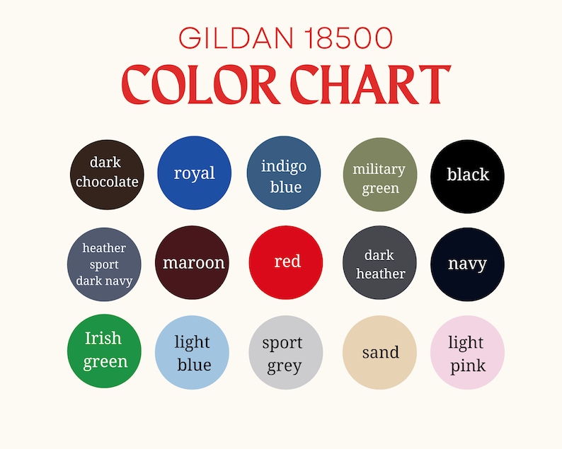 K&ouml;nnte beinhalten: Farbkarte f&uuml;r Gildan 18500 T-Shirts, die 12 verschiedene Farben zeigt: Dunkelbraun, K&ouml;nigsblau, Indigoblau, Milit&auml;rgr&uuml;n, Schwarz, Dunkelblau mit Sport-Melange, Weinrot, Rot, Dunkelgrau mit Melange, Marineblau, Irischgr&uuml;n, Hellblau, Sportgrau, Sand und Hellrosa.