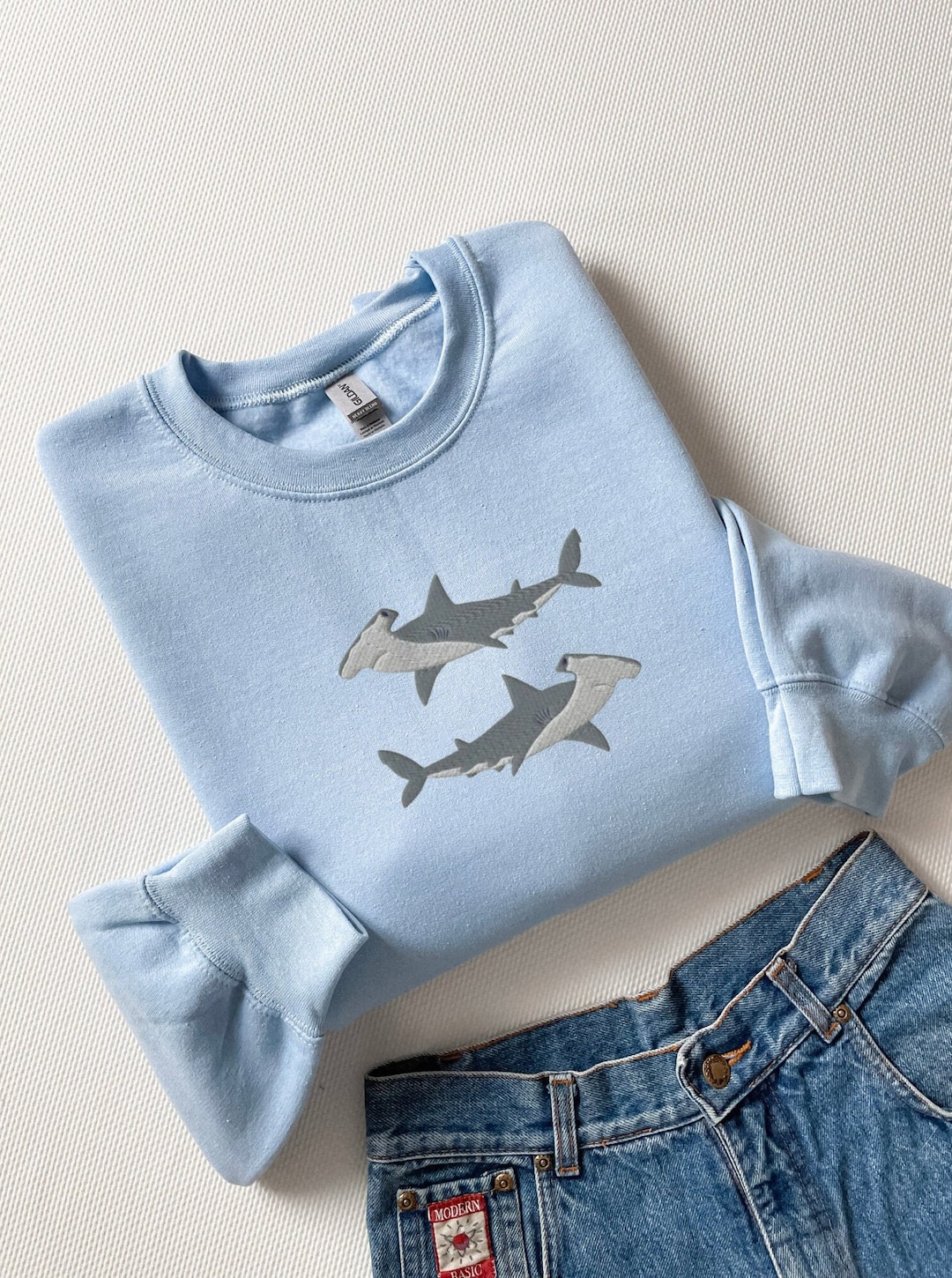 Batela Embroidered Shark Hooded Sweatshirt Teal