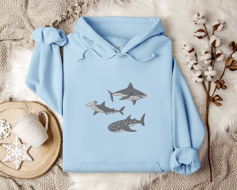 Embroidered Shark Hoodie, Shark Sweatshirt, Shark Sweater, Shark Gift, Whale Shark Sweatshirt, Hammerhead Sweatshirt, Bull Shark Sweater