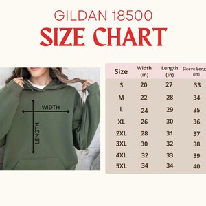 K&ouml;nnte beinhalten: Gr&ouml;&szlig;entabelle f&uuml;r Gildan 18500 Hoodies, mit Ma&szlig;en in Zoll f&uuml;r Breite, L&auml;nge und &Auml;rmell&auml;nge f&uuml;r die Gr&ouml;&szlig;en S bis 5XL.