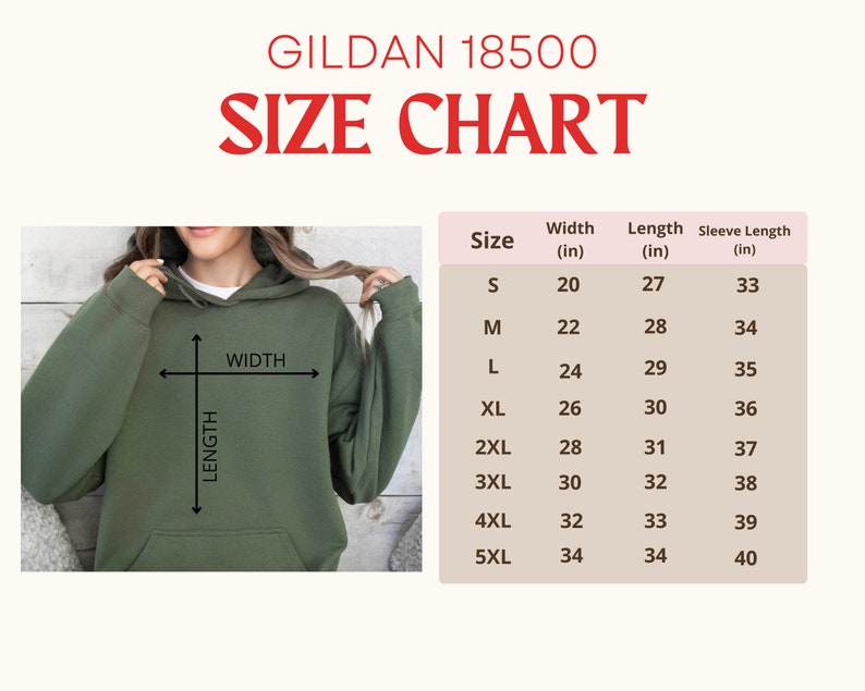 K&ouml;nnte beinhalten: Gr&ouml;&szlig;entabelle f&uuml;r Gildan 18500 Hoodies, mit Ma&szlig;en in Zoll f&uuml;r Breite, L&auml;nge und &Auml;rmell&auml;nge f&uuml;r die Gr&ouml;&szlig;en S bis 5XL.