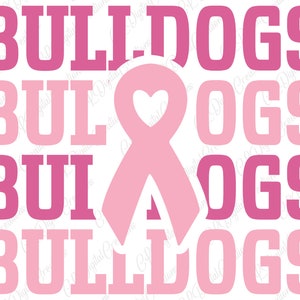 May include: Pink and white graphic design with the word "Bulldogs" repeated four times. A pink ribbon with a heart in the center is in the middle of the design.