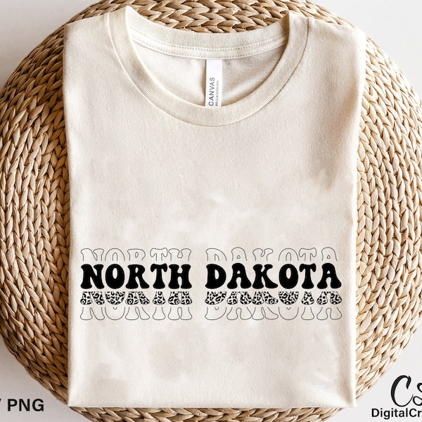 North Dakota Svg, Printable, Leopard Print Svg, North Dakota Shirt, Retro Font Svg, North Dakota US State Svg, Digital Download, Cricut