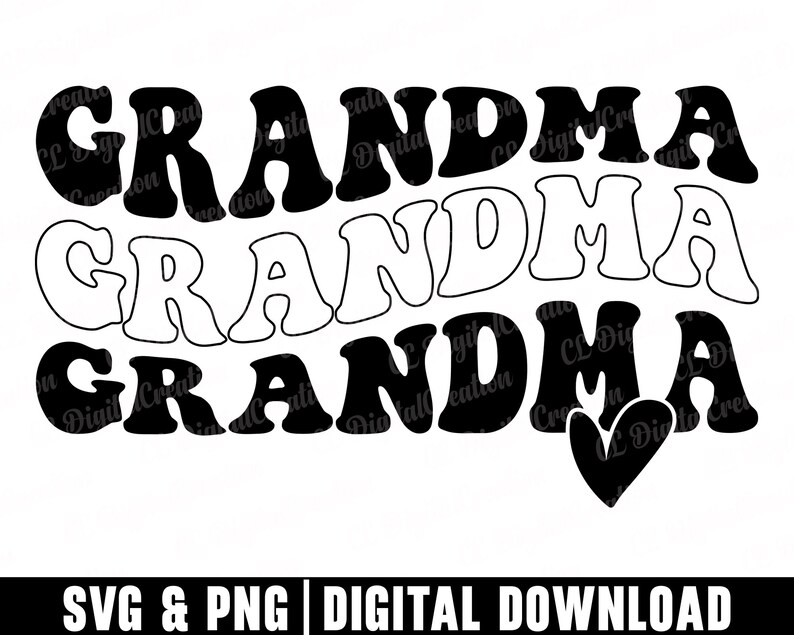 May include: Black and white graphic design with the text "Grandma Grandma Grandma" in a wavy font. The text is layered with the top layer in black, the middle layer in white, and the bottom layer in black.