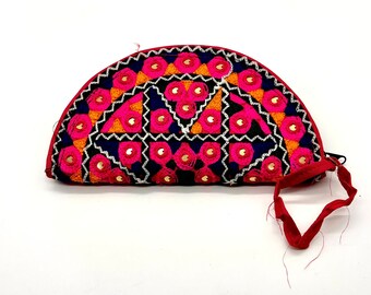 Handsewn Cloth Pouch: Pink Embroidered Semi-Circle Purse
