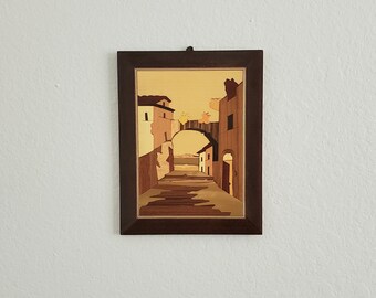 ヴィンテージ イタリア 寄木細工 ウォールアート / 海岸沿いの象嵌細工