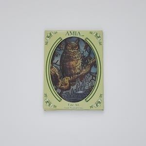 Puede incluir: Una caja rectangular con borde verde claro presenta una imagen ovalada de un búho marrón posado en una rama de árbol. La imagen está ambientada en un paisaje invernal. El texto "AMIA" está en la parte superior y "Fine Art Hand Painted Glass" en la parte inferior.