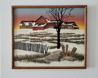Sérigraphie H. Hargrove 25 x 21 po. encadrée, grange en hiver