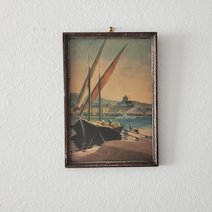 Antik Yves Gianni-litografi i originalram, Bayside Ship Lading