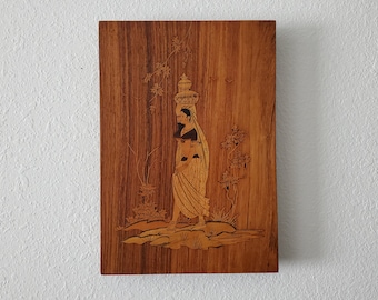 Wood Marquetry Vintage Wall Art, Woman with Basket
