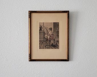 ZELDZAME antieke Gutmann & Gutmann-lithografie "The Sampler" van M.M. Grimball in originele lijst