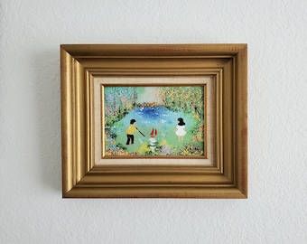 1980 Louis Cardin Enamel on Copper Painting, Children with Toy Boat