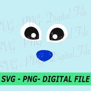 Puede incluir: Una cara de dibujos animados azul, blanca y negra con dos ojos grandes y una pequeña nariz azul. SVG - PNG - DIGITAL FILE