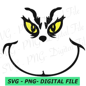 May include: Black and white silhouette of the Grinch's face with yellow eyes. The Grinch is a fictional character from the Dr. Seuss book, How the Grinch Stole Christmas.