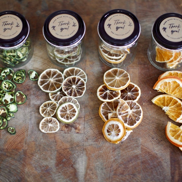 Organic Dehydrated Cocktail Garnishes | Oranges | Lime | Lemon |  Jalapeños | Mylar Bags | Glass Jars | Tea Infusion | Dried