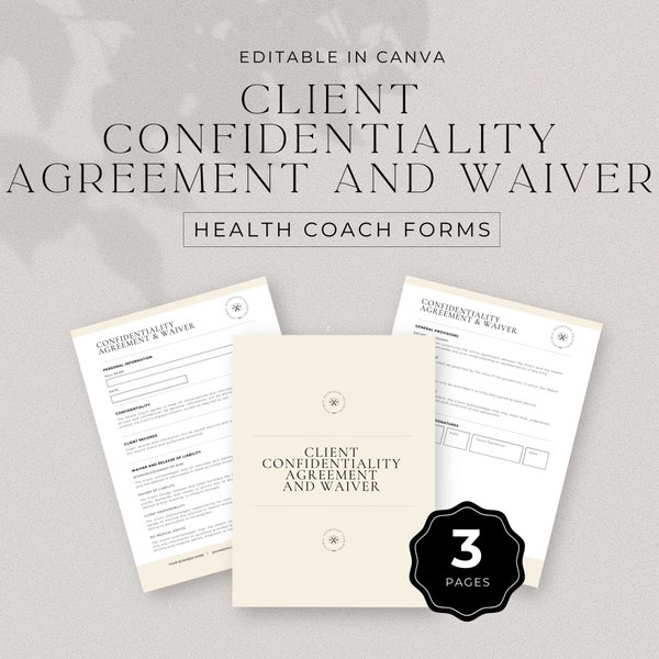 Health Coach Client Confidentiality Agreement and Waiver, Coaching Forms, Coach Templates, Editable Canva Template, DD-HC01