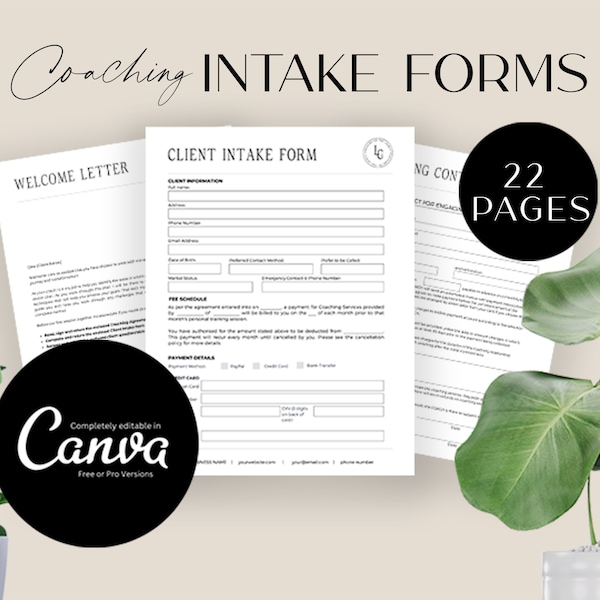 Coaching Intake Forms, Coach Worksheets, Client Agreement, Action Plan, Session Notes, Wheel of life, Editable Canva Templates