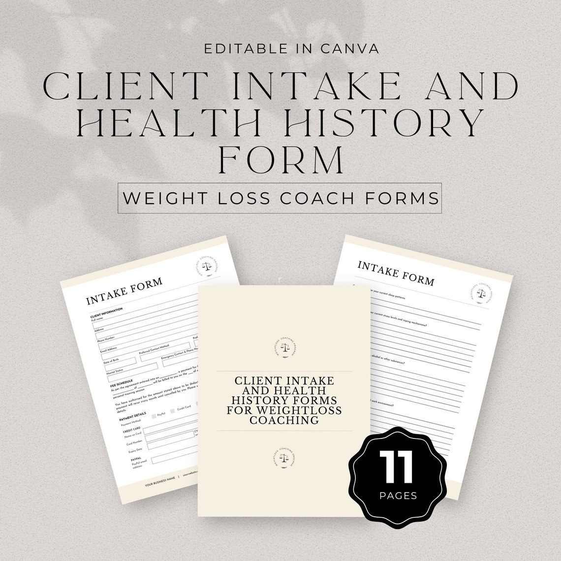 Client Intake and Health History Form Weight Loss Coach, Editable ...