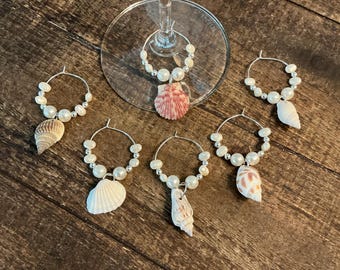 New Handcrafted Authentic Shell Wine Glass Charms Markers Each With Coordinating Beads Set of 6