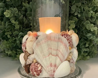 New Shell Candle Holder Pillar Holder Decorated With Shells Includes Frosted Votive Candle Holder, Removable Glass Base and One Tea Light