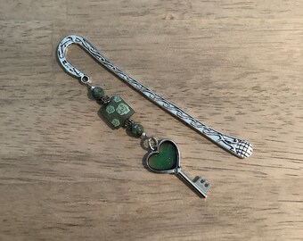 Beautiful New Metal Bookmark Embellished with Beads and a Heart Key “Mood” Charm